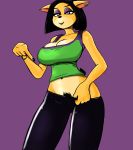  activision anthro bandicoot black_hair black_nails breasts cleavage clothed clothing colored_nails crash_bandicoot_(series) ear_piercing eyeshadow female gesture hair liz_bandicoot makeup mammal marsupial midriff nails pants_down partially_clothed pendulous_g piercing pointing pubes purple_background shirt simple_background solo tank_top topwear video_games 