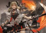  1girl arknights black_dress blonde_hair choker cowboy_shot dress elite_ii_(arknights) fire flamethrower gas_tank horns ifrit_(arknights) nail_polish open_mouth orange_eyes ore_lesion_(arknights) short_hair smile solo standing striped striped_dress thigh_strap toka_(marchlizard) twintails vertical-striped_dress vertical_stripes weapon 