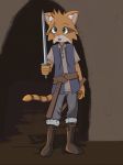  absurd_res anthro clothed clothing domestic_cat fantasy felid feline felis hi_res male mammal melee_weapon postal_(artist) solo sword weapon 