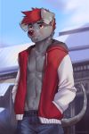  2020 2:3 anthro canid canine canis clothed clothing day detailed_background digital_media_(artwork) domestic_dog fur grey_body grey_fur hair koul male mammal navel outside red_eyes red_hair red_nose sky smile solo 