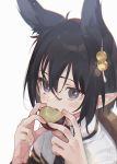  1girl animal_ears bangs black_hair commentary_request eating extra_ears food hair_between_eyes hair_ornament hands holding holding_food looking_at_viewer narumi_arata open_mouth original pointy_ears purple_eyes short_hair sidelocks simple_background solo upper_body white_background 