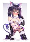  1girl adapted_costume animal_ears bangs black_gloves black_hair black_legwear blush breasts brown_eyes cat_ears cat_tail closed_mouth cosplay dangerous_beast elbow_gloves fate/grand_order fate/kaleid_liner_prisma_illya fate_(series) feathers fur-trimmed_gloves fur-trimmed_legwear fur_collar fur_trim gloves hair_feathers halloween_costume kneeling long_hair looking_at_viewer mash_kyrielight mash_kyrielight_(cosplay) miyu_edelfelt navel o-ring puririn revealing_clothes revision small_breasts smile tail thighhighs twintails 