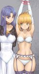  1girl 2girls ahoge armpits arms_up artoria_pendragon_(all) ass_visible_through_thighs bangs bare_shoulders black_choker black_dress black_gloves blonde_hair blue_eyes blue_hair blue_ribbon blunt_bangs bra braid breasts caster_(fate/zero) choker cleavage closed_mouth collarbone commentary_request dress elbow_gloves eyebrows_visible_through_hair fate_(series) frills garter_belt garter_straps gloves green_eyes grey_background hair_intakes hair_ribbon highres holding_dress legs_together long_hair medium_breasts multiple_girls navel panties pantyhose parted_lips pointy_ears ribbon saber short_hair sidelocks smile strapless thigh_gap thighhighs tsuki_suigetsu underwear white_bra white_dress white_gloves white_legwear white_panties 