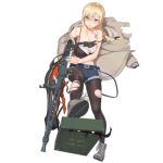  1girl alternate_costume ammo_box aran_sweater black_legwear blonde_hair blue_eyes boots braid breasts camisole cleavage denim denim_shorts dog_tags eyebrows_visible_through_hair full_body girls_frontline gun hair_between_eyes hair_ornament hair_ribbon hair_tucking hairclip jewelry large_breasts looking_at_viewer machine_gun mg3 mg3_(girls_frontline) midriff necklace off-shoulder_shirt off_shoulder official_art pantyhose parted_lips ribbon shirt short_shorts shorts single_braid solo strap_slip suspenders sweater torn_clothes torn_legwear torn_shirt touko_(kira2yue) transparent_background weapon 