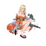  1girl alternate_costume bangs bare_shoulders belt blonde_hair blue_eyes breasts cleavage collarbone damaged dinergate_(girls_frontline) eyebrows_visible_through_hair eyes_visible_through_hair full_body girls_frontline gun hair_between_eyes holding holding_belt japanese_clothes kimono legs long_hair looking_at_viewer machine_gun mg3 mg3_(girls_frontline) off_shoulder official_art open_mouth sidelocks sitting socks solo torn_clothes torn_kimono touko_(kira2yue) transparent_background weapon white_legwear yellow_belt 