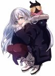  1girl anastasia_(fate/grand_order) blue_eyes coat doll fate/grand_order fate_(series) hooded_coat long_hair pantyhose silver_hair sleeves_past_wrists squatting tsengyun visible_air white_background winter_clothes winter_coat 