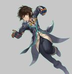  1boy absurdres black_gloves brown_eyes brown_hair closed_mouth fingerless_gloves gloves grey_background highres male_focus neko_sheep simple_background solo stance tales_of_(series) tales_of_xillia weapon 