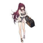  1girl alternate_costume bag bare_legs black_swimsuit blush braid breasts casual_one-piece_swimsuit choker cleavage closed_mouth crown_braid duoyuanjun full_body girls_frontline hair_ribbon half-closed_eyes halterneck large_breasts long_hair looking_away official_art one-piece_swimsuit ponytail purple_hair ribbon sandals see-through shoulder_bag solo swimsuit thigh_strap transparent_background tsurime very_long_hair wa2000_(girls_frontline) 