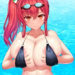  1girl areola_slip areolae asamura_hiori azur_lane bangs bare_shoulders bikini black_bikini blush breast_hold breasts closed_mouth collarbone covered_nipples goggles goggles_on_head highres large_breasts long_hair looking_at_viewer o-ring o-ring_bikini orange_eyes pool red_hair side_ponytail sidelocks smile swimsuit wading water wet zara_(azur_lane) zara_(poolside_coincidence)_(azur_lane) 
