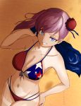  american_flag_bikini asymmetrical_hair bikini blue_eyes breasts bun_cover cleavage dracul ear fate/grand_order fate_(series) flag_print grin hand_on_own_ass highres large_breasts long_hair miyamoto_musashi_(fate/grand_order) miyamoto_musashi_(swimsuit_berserker)_(fate) navel pink_hair print_swimsuit single_sidelock smile swimsuit tan tanline teeth two-tone_swimsuit underboob wet 