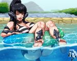  7th_heaven_(artist) animal_humanoid au_ra barefoot big_breasts bikini black_body black_hair black_scales breasts butt clothing female final_fantasy final_fantasy_xiv hair horn horned_humanoid humanoid looking_at_viewer open_mouth partially_submerged scales scalie scalie_humanoid square_enix swimwear toes video_games yellow_eyes 