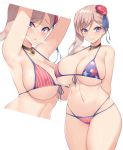  1girl american_flag_bikini arms_behind_back arms_up asymmetrical_hair bangs bare_shoulders bikini blush breasts bun_cover choker cleavage closed_mouth commentary covered_nipples cowboy_shot eyebrows_visible_through_hair eyelashes fate/grand_order fate_(series) flag_print front-tie_bikini front-tie_top hair_between_eyes heavy_breathing kuavera looking_at_viewer miyamoto_musashi_(fate/grand_order) miyamoto_musashi_(swimsuit_berserker)_(fate) multi-strapped_bikini multiple_views navel parted_lips pink_hair purple_eyes raised_eyebrows shiny shiny_hair simple_background skindentation smile standing swimsuit thick_thighs thighs underboob white_background wide_hips 