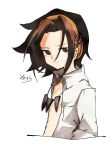  1boy absurdres asakura_you black_hair brown_hair closed_mouth collared_shirt cropped_torso headphones highres light_smile looking_at_viewer male_focus multicolored_hair open_clothes open_shirt shaman_king shirt signature simple_background sofra solo two-tone_hair upper_body white_background white_shirt 