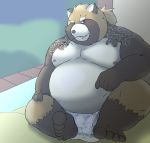  2020 anthro asian_clothing balls belly blush brown_body brown_fur canid canine clothing east_asian_clothing fundoshi fur genitals gyobu hi_res humanoid_genitalia humanoid_hands humanoid_penis japanese_clothing kemono magatsuhinokami male mammal moobs nipples overweight overweight_male penis raccoon_dog scar sitting solo tanuki tattoo tokyo_afterschool_summoners underwear video_games 