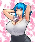  1girl arms_behind_head bangs black_skirt blue_hair blunt_bangs bra breasts bubble_tea_challenge cleavage drinking drinking_straw english_commentary erkaz eyebrows_visible_through_hair high_ponytail highres huge_breasts large_breasts looking_to_the_side milk_carton original pencil_skirt ponytail red_eyes rina_atherina see-through shirt short_sleeves skirt t-shirt underwear white_shirt 