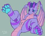  anthro anus arm_spikes blush dragon fellusy female flat_chested genitals hi_res horn leg_spikes looking_at_viewer lying mr.albafox on_back pawpads pussy shoulder_spikes solo spikes spreading teal_pussy wings 