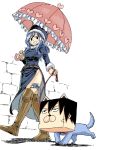  belt blue_hair boots breasts collar dog eyebrows_visible_through_hair fairy_tail full_body gray_fullbuster hair_between_eyes hat heart juvia_lockser knee_boots leash mashima_hiro medium_hair shadow simple_background smile thigh_tattoo umbrella walking wall white_background 