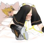  1boy anus ass bed blonde_hair blue_eyes detached_sleeves kagamine_len looking_back masturbation naoko_(naonocoto) on_bed one_eye_closed open_clothes penis pillow solo sweatdrop vocaloid 