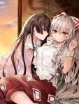  2girls adapted_costume all_fours arms_up asymmetrical_eyebrows blush breasts brown_hair cloud commentary feet_out_of_frame fujiwara_no_mokou hair_ribbon hand_on_own_face highres hiiro60 hime_cut houraisan_kaguya large_breasts leaning_back long_hair long_ponytail long_sleeves looking_at_another looking_away multiple_girls ofuda orange_sky pants pink_shirt red_eyes red_pants red_skirt ribbon screen shirt short_sleeves silver_hair sitting skirt sky smile suspenders suspenders_slip touhou twilight very_long_hair white_shirt wrist_cuffs yuri 