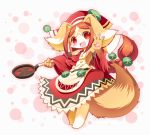  1girl :3 :d animal_ears bare_shoulders blush breasts brown_fur brown_hair chantico_(fullbokko_heroes) commentary_request detached_sleeves digitigrade dog dog_ears dog_girl dog_tail eyebrows_visible_through_hair full_body fullbokko_heroes furry headwear holding_frying_pan long_hair looking_at_viewer medium_breasts neru_(neruneruru) open_mouth pawpads red_eyes simple_background smile solo standing tail two-tone_fur white_background white_fur 