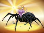  2020 4:3 amulet arachnid arachnid_taur arthropod arthropod_abdomen arthropod_taur blonde_hair breasts clothing female hair hi_res phantom_inker pink_clothing pink_shirt pink_topwear shirt short_hair simple_background solo spider spider_taur standing surprise taur topwear transformation 