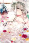  1girl bangs bath bathing bathtub cecilia_(shiro_seijo_to_kuro_bokushi) closed_mouth crossed_arms eyebrows_visible_through_hair flower flower_on_liquid green_eyes green_hair hair_between_eyes hair_bun kazutake_hazano long_hair nude partially_submerged petals petals_on_liquid red_flower red_rose rose shiro_seijo_to_kuro_bokushi sidelocks sitting smile solo steam tile_wall tiles very_long_hair window yellow_flower 