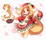  1girl 3 :3 :d animal_ears bare_shoulders blush breasts brown_fur brown_hair chantico_(fullbokko_heroes) commentary_request detached_sleeves digitigrade dog dog_ears dog_girl dog_tail eyebrows_visible_through_hair fire full_body fullbokko_heroes furry headwear holding_frying_pan long_hair looking_at_viewer medium_breasts neru_(neruneruru) number open_mouth pawpads red_eyes simple_background smile solo standing tail two-tone_fur white_background white_fur 