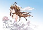  1girl ahoge bouquet breasts bridal_veil bride brown_hair byeontae_jagga double_bun dress elbow_gloves flower gloves graphite_(medium) grey_eyes hairband headgear holding holding_bouquet kantai_collection kongou_(kantai_collection) large_breasts long_hair pink_flower pink_rose remodel_(kantai_collection) rose solo strapless strapless_dress traditional_media upper_body veil wedding_dress white_dress white_gloves 