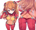  1girl ass bangs blush bodysuit breasts cleavage closed_mouth covered_navel eyebrows_visible_through_hair from_above from_behind frown interface_headset kasai_shin long_hair medium_breasts multicolored multicolored_bodysuit multicolored_clothes multiple_views navel neon_genesis_evangelion orange_bodysuit pilot_suit plugsuit rebuild_of_evangelion red_bodysuit shikinami_asuka_langley solo souryuu_asuka_langley standing test_plugsuit 