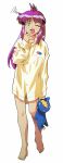  1990s_(style) 1girl all_purpose_cultural_cat_girl_nuku_nuku barefoot full_body green_eyes hand_to_own_mouth holding holding_stuffed_animal long_hair long_sleeves natsume_atsuko official_art pajamas pink_hair simple_background solo standing stuffed_animal stuffed_toy white_background wince yawning 