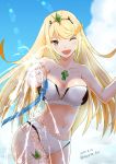  1girl :d bikini blonde_hair breasts chest_jewel cleavage cowboy_shot day highres hikari_(xenoblade_2) hose large_breasts long_hair navel nayuta-knt one_eye_closed open_mouth outdoors sky smile solo strapless strapless_bikini swimsuit thigh_strap water white_bikini xenoblade_(series) xenoblade_2 yellow_eyes 