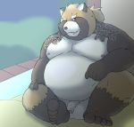  2020 anthro balls belly blush brown_body brown_fur canid canine fur genitals gyobu hi_res humanoid_genitalia humanoid_hands humanoid_penis kemono magatsuhinokami male mammal moobs nipples overweight overweight_male penis raccoon_dog scar sitting solo tanuki tattoo tokyo_afterschool_summoners video_games 