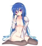  1girl :p areola_slip areolae bangs between_legs blue_hair blush brown_legwear closed_mouth collarbone collared_shirt eyebrows_visible_through_hair groin hair_between_eyes hair_censor hair_ornament hair_over_breasts hairclip hand_between_legs hand_up head_tilt long_hair naked_shirt navel no_shoes open_clothes open_shirt original purple_eyes shirt simple_background sitting smile solo surume_aburi thighhighs tongue tongue_out very_long_hair wariza white_background white_shirt 