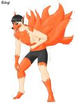  2020 absurd_res anthro black_hair bottomwear canid canine clothing diethyl fox fur hair hi_res looking_at_viewer male mammal multi_tail shorts simple_background smile solo standing tongue tongue_out transformation white_background 