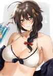  1girl ahoge amakaze bangs bikini blue_eyes blush braid breasts brown_hair cup drinking_straw hair_flaps hair_ornament hair_ribbon heart highres holding kantai_collection large_breasts long_hair remodel_(kantai_collection) ribbon shigure_(kantai_collection) simple_background single_braid smile solo sweat swimsuit two-tone_background upper_body white_bikini 