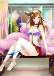  2020 absurd_res ahri_(lol) animal_humanoid blush bottomwear breasts brown_hair canid canid_humanoid canine canine_humanoid choker clothing female fox_humanoid hair hi_res humanoid inside jewelry koiicho league_of_legends legwear mammal mammal_humanoid necklace nipples riot_games sitting skirt smile solo stockings video_games window 