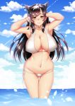  1girl animal_ears armpits ass_visible_through_thighs atago_(azur_lane) atago_(midsummer_march)_(azur_lane) azur_lane bangs bikini black_hair blue_sky blush bow breasts casual_one-piece_swimsuit choker cleavage closed_mouth cloud cloudy_sky covered_nipples cowboy_shot day extra_ears flower groin hair_flip hair_flower hair_ornament halterneck large_breasts long_hair looking_at_viewer megatama mole mole_under_eye ocean one-piece_swimsuit outdoors ribbon sky smile solo swept_bangs swimsuit wading white_bikini white_bow white_choker white_ribbon white_swimsuit yellow_eyes 