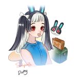  1girl absurdres animal_ears artist_name black_hair bow bunny bunny_ears character_name doubutsu_no_mori food highres long_hair martha_(doubutsu_no_mori) multicolored_hair open_mouth personification red_eyes sodaparilla solo toast twintails two-tone_hair white_background white_hair 