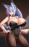  1girl animal_ear_fluff animal_ears bar black_leotard blue_hair blush bow bowtie breasts cleavage cowboy_shot cuffs embarrassed fox_ears huge_breasts indigo_(tylwing) leotard looking_to_the_side original pantyhose red_neckwear sweat thighs tied_hair tylwing 