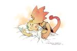  animal_crossing anthro beaver bed bedding blanket blonde_hair c.j._(animal_crossing) chameleon choker duo flick_(animal_crossing) furniture goth hair hi_res jewelry kensan kissing lizard male male/male mammal necklace nintendo red_body red_scales reptile rodent scales scalie sleeping video_games 