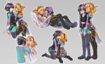  celica_(xenoblade_x) closed_eyes couple cross_(xenoblade_x) flower glasses hair_flower hair_ornament hairband hands_on_another&#039;s_cheeks hands_on_another&#039;s_face hood hoodie hug hug_from_behind kiss knees_up lilithcosa long_pants multiple_views on_bed pants pillow purple_flower xenoblade_x yuri 