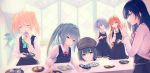  6+girls arare_(kantai_collection) arashi_(kantai_collection) asashio_(kantai_collection) black_dress black_hair blush brown_hair closed_eyes double_bun dress eating eyebrows_visible_through_hair food grey_hair hair_ribbon hat indoors kantai_collection kasumi_(kantai_collection) light_brown_hair long_hair michishio_(kantai_collection) multiple_girls ooshio_(kantai_collection) open_mouth pinafore_dress plate ponytail remodel_(kantai_collection) ribbon school_uniform shirt short_hair short_twintails side_ponytail silver_hair table tsunano_(koi_pink) twintails white_shirt 