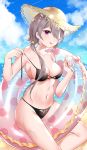  1girl armpits bare_arms bare_shoulders beach bikini black_bikini breasts cleavage cloud collarbone day gou_lianlian_dogface grey_hair hair_over_one_eye hair_over_shoulder hat highres honkai_(series) honkai_impact_3rd innertube large_breasts long_hair looking_at_viewer navel ocean outdoors purple_eyes rita_rossweisse sitting sky solo stomach straw_hat string_bikini swimsuit thighs tongue tongue_out untied untied_bikini wet 
