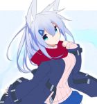  1girl animal_ear_fluff animal_ears bangs belt belt_buckle black_belt blue_coat blue_eyes blue_skirt blush breasts buckle closed_mouth coat eyebrows_visible_through_hair fox_ears grey_hair hair_between_eyes hair_ornament hairclip hand_up long_hair long_sleeves looking_at_viewer medium_breasts open_clothes open_coat original pink_sweater pleated_skirt red_scarf ribbed_sweater scarf shirogane_kasane skirt sleeves_past_wrists solo surume_aburi sweater 