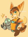  2boys animal_ears animal_nose clank commentary elbow_gloves furry gloves green_eyes iiimirai lombax looking_at_viewer multiple_boys ratchet_&amp;_clank ratchet_(ratchet_&amp;_clank) robot simple_background smirk snout striped_tail tail twitter_username upper_body yellow_background 