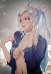  1girl absurdres animal_ears blurry blurry_background breasts breasts_apart cat_ears choker commission final_fantasy final_fantasy_xiv highres lips long_hair miqo&#039;te navel navel_piercing nodaybttoday open_clothes open_shirt parted_lips piercing ponytail silver_eyes solo tattoo white_hair 