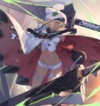  1girl bandaged_arm bandaged_leg bandages belt blonde_hair cape clover dark_skin feet_out_of_frame fingerless_gloves four-leaf_clover gloves greatsword guilty_gear guilty_gear_strive hat highres micro_shorts midriff nian ramlethal_valentine shorts solo thigh_strap 