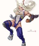  1girl abs absurdres animal_ear_fluff animal_ears armpits ass_visible_through_thighs asymmetrical_gloves bare_shoulders biceps boku_no_hero_academia boots breasts bunny_ears covered_navel dark_skin diegodraws eyes_visible_through_hair fighting_stance floating_hair fur_collar gloves grin highleg highleg_leotard highres impossible_clothes impossible_leotard leotard long_eyelashes long_hair looking_at_viewer medium_breasts midair mirko muscle muscular_female rabbit_girl red_eyes signature simple_background skin_tight smile solo teeth thigh_boots thighhighs twisted_torso very_long_hair watermark white_background white_hair 