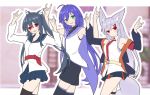  3girls :d ahoge animal_ear_fluff animal_ears arms_up bangs bare_shoulders black_hair black_jacket black_legwear black_shorts black_skirt blue_sailor_collar blue_skirt blurry blurry_background blush breasts closed_mouth collarbone collared_shirt depth_of_field double_fox_shadow_puppet eyebrows_visible_through_hair fox_ears fox_girl fox_shadow_puppet fox_tail green_eyes grey_hair hair_between_eyes hair_intakes jacket long_sleeves multicolored_hair multiple_girls necktie open_clothes open_jacket open_mouth original outline pleated_skirt purple_hair red_eyes red_hair red_neckwear sailor_collar school_uniform serafuku shirogane_kasane shirt short_shorts shorts skirt sleeveless sleeveless_shirt small_breasts smile streaked_hair surume_aburi tail thigh_strap thighhighs tie_clip twintails white_outline white_shirt 