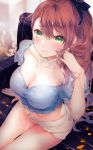  1girl amiko_(frostedchocolate) arm_support asymmetrical_bangs bangs beatrix_(granblue_fantasy) blue_shirt blush breasts brown_hair chair cleavage closed_mouth collarbone commentary_request eyebrows_visible_through_hair fishnet_legwear fishnets from_above granblue_fantasy green_eyes hair_between_eyes hair_ribbon hand_in_hair highres large_breasts long_hair looking_at_viewer midriff ponytail ribbon shirt short_shorts short_sleeves shorts sitting thighs white_ribbon white_shorts 